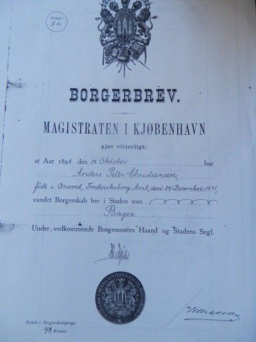 Peter Christiansens borgerbrev som bager fra Københavns Magistrat 1898.