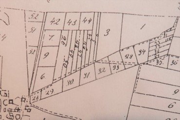 Præstejordens udskiftning 1783. Langs sydsiden af Østre Vindingevej lå på stribe matr.nr. 28-29-30-31-32-33, resten af 28 og 34. Længst ude havde hver af dem en smal udlod.