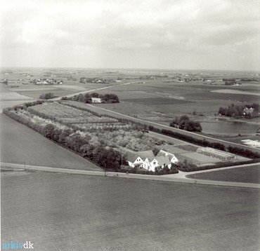 Lillevangsvej 3 med hele frugtplantagen før vejudvidelserne i 1960erne og senere. I baggrunden ses Kærdal og til højre den store sø.