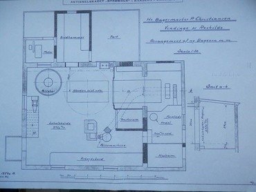 Tegning fra 16.11.1925 af den nye bageovn med kedel, fyrplads, kulrum, æltemaskine, æltekar og brødkammer.