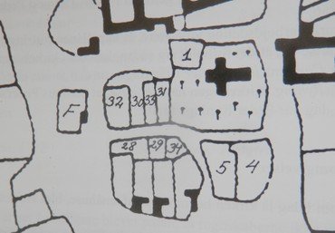 Kvarteret omkring kirken 1782 med de mange små husmandssteder. Nr. 1 er skolen (indtil 1857), F = fattighuset, 28 den lille præstegård, 29 – 34 er præstens huse, 4-5 er kirkens fæstehuse.